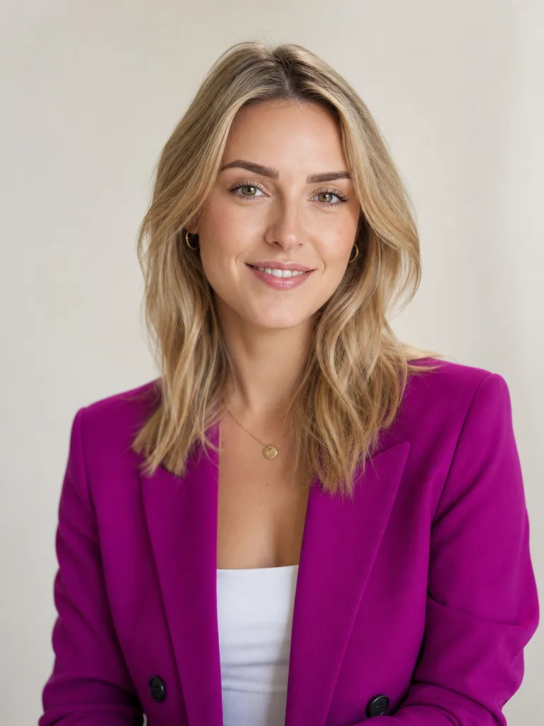 Smiling blonde woman wearing a vibrant purple blazer and white top against neutral background.