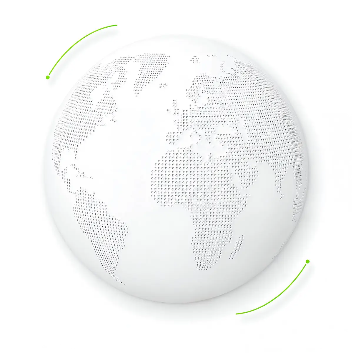 White globe showing continents with raised dot patterns and two green curved arrows around it.