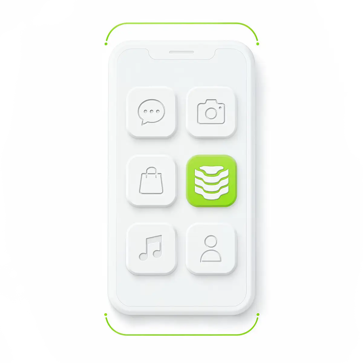 White smartphone with six app icons, one green with stack of layers symbol highlighted.