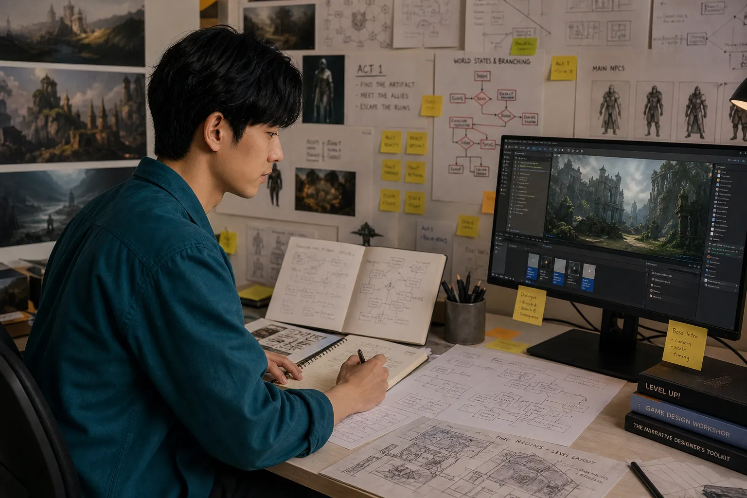 Game designer writing notes at desk covered with game design sketches and concept art on screen and walls.