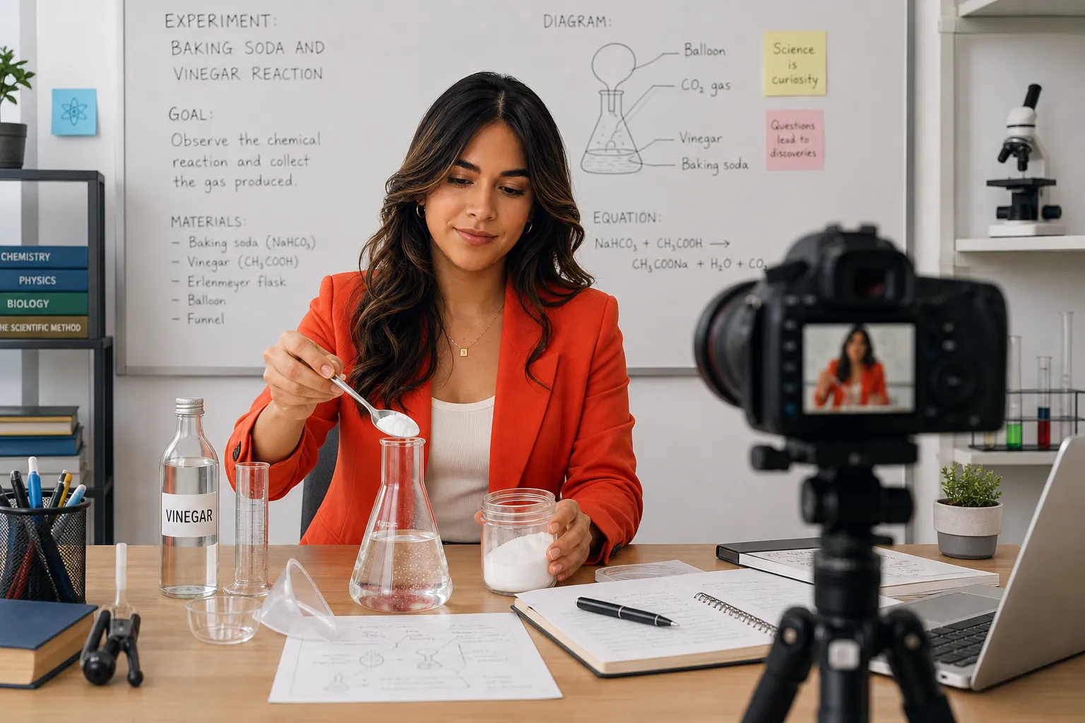 Woman in red blazer adding baking soda to vinegar in flask for a science experiment video.