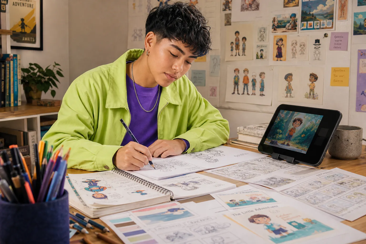 Young artist in green jacket drawing character sketches at a cluttered desk with tablet and art supplies.