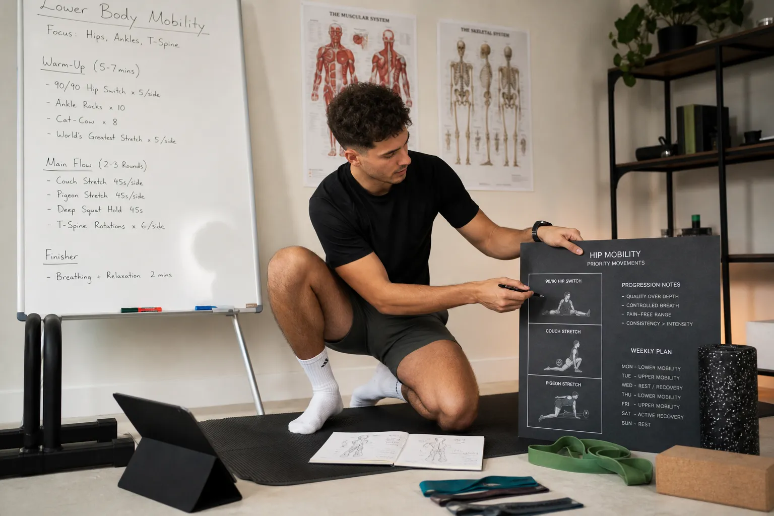 Man kneeling on yoga mat pointing to hip mobility exercise chart with stretches and weekly plan.