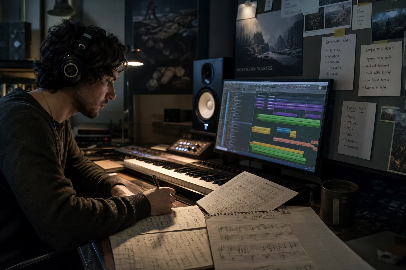 Man wearing headphones composing music at a desk with sheet music, keyboard, and computer screen.