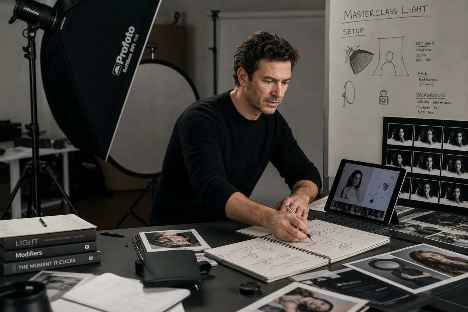 Man studying photography lighting notes at a desk with photos, books, and a laptop showing lighting setup.