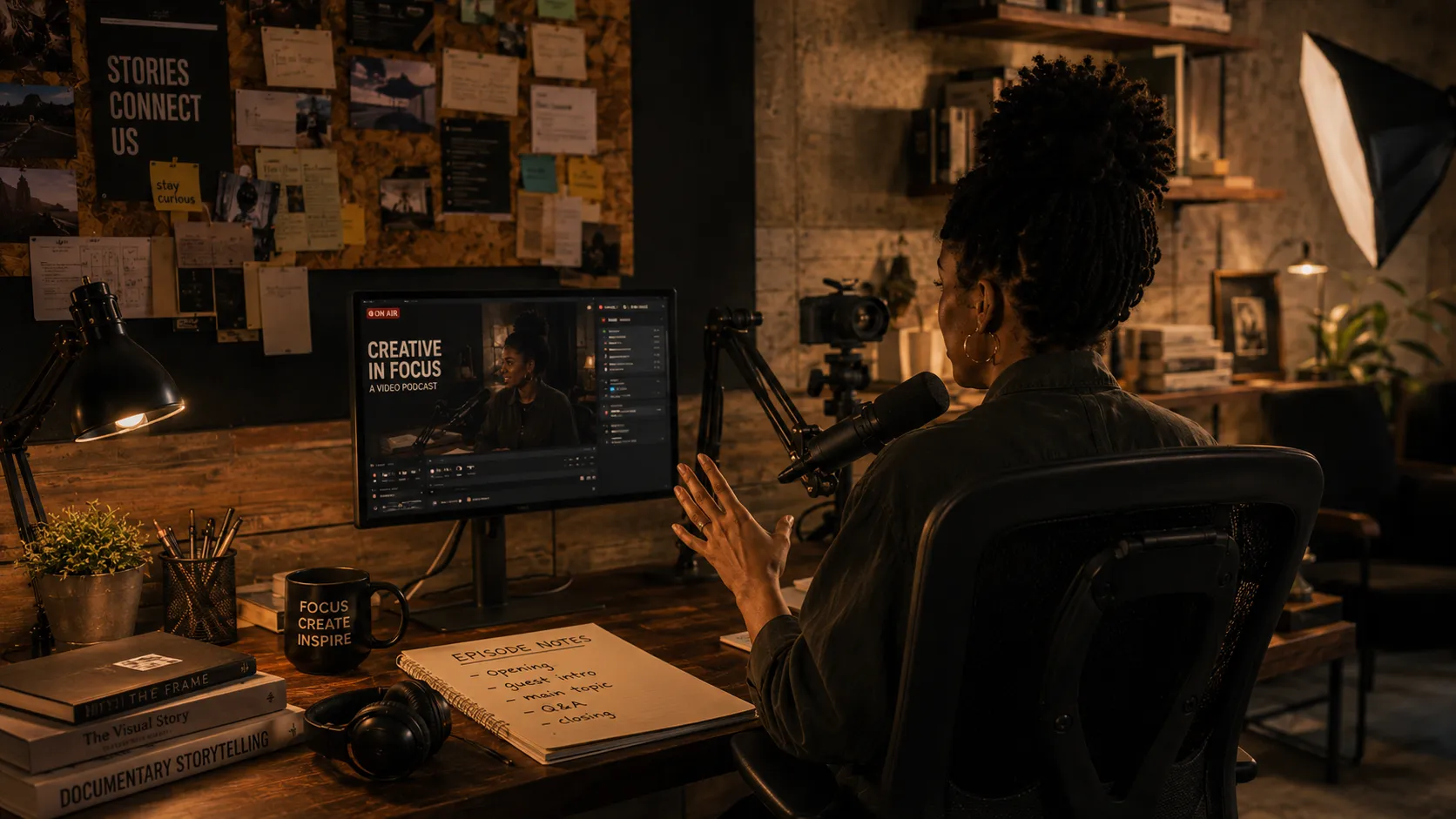Woman recording a video podcast with microphone, notes, and streaming software on a desktop monitor.