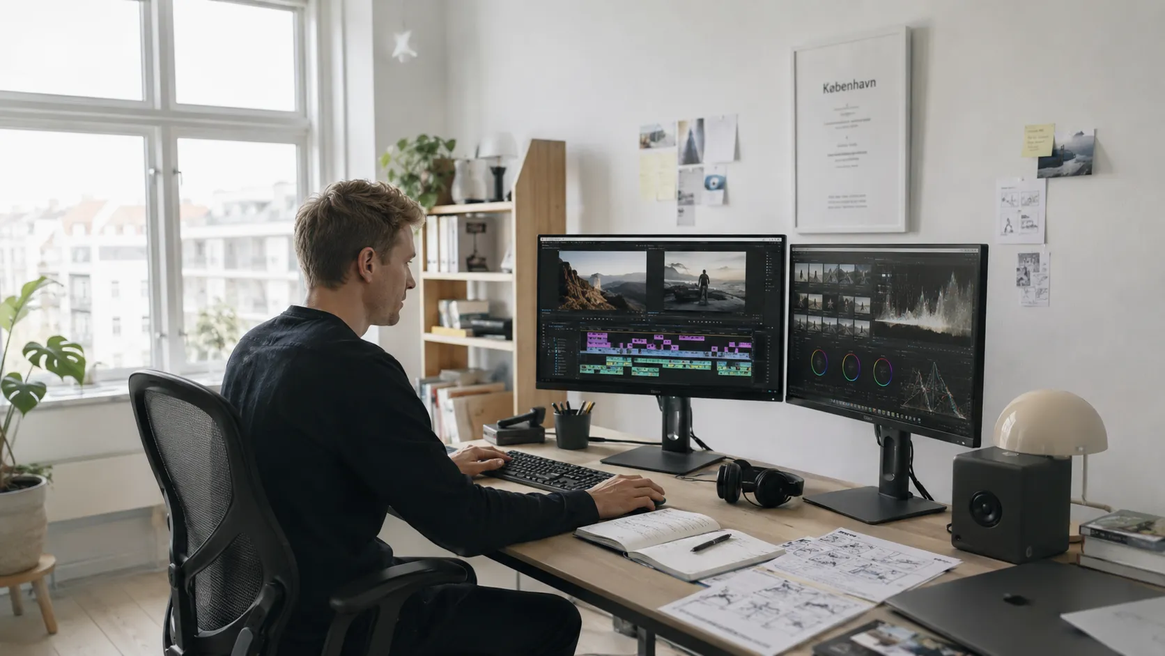 Man editing video on dual monitors in a bright office with plants and notes on the wall.