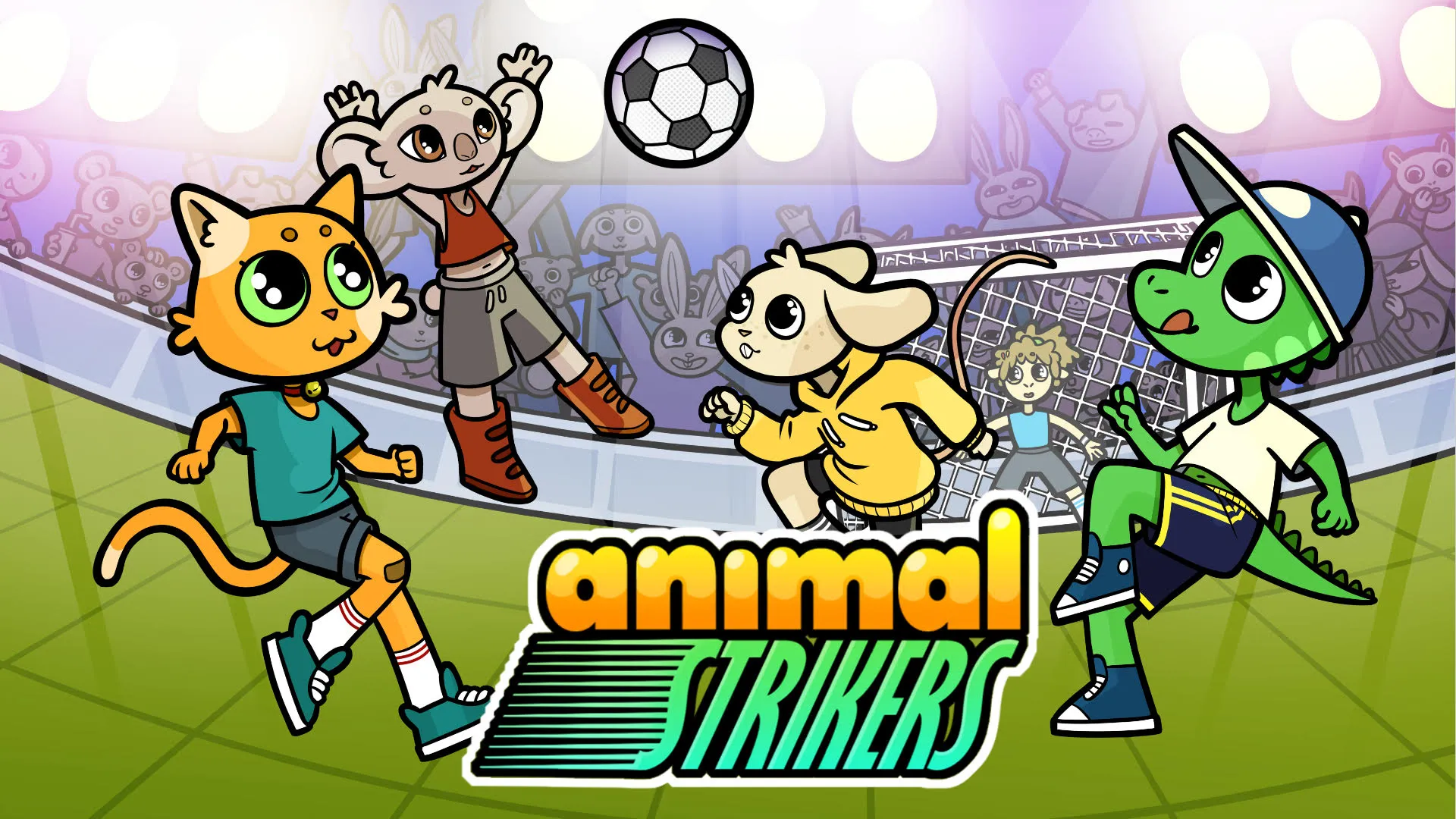 Cartoon cat, koala, dog, and lizard playing soccer on a field with Animal Strikers logo.