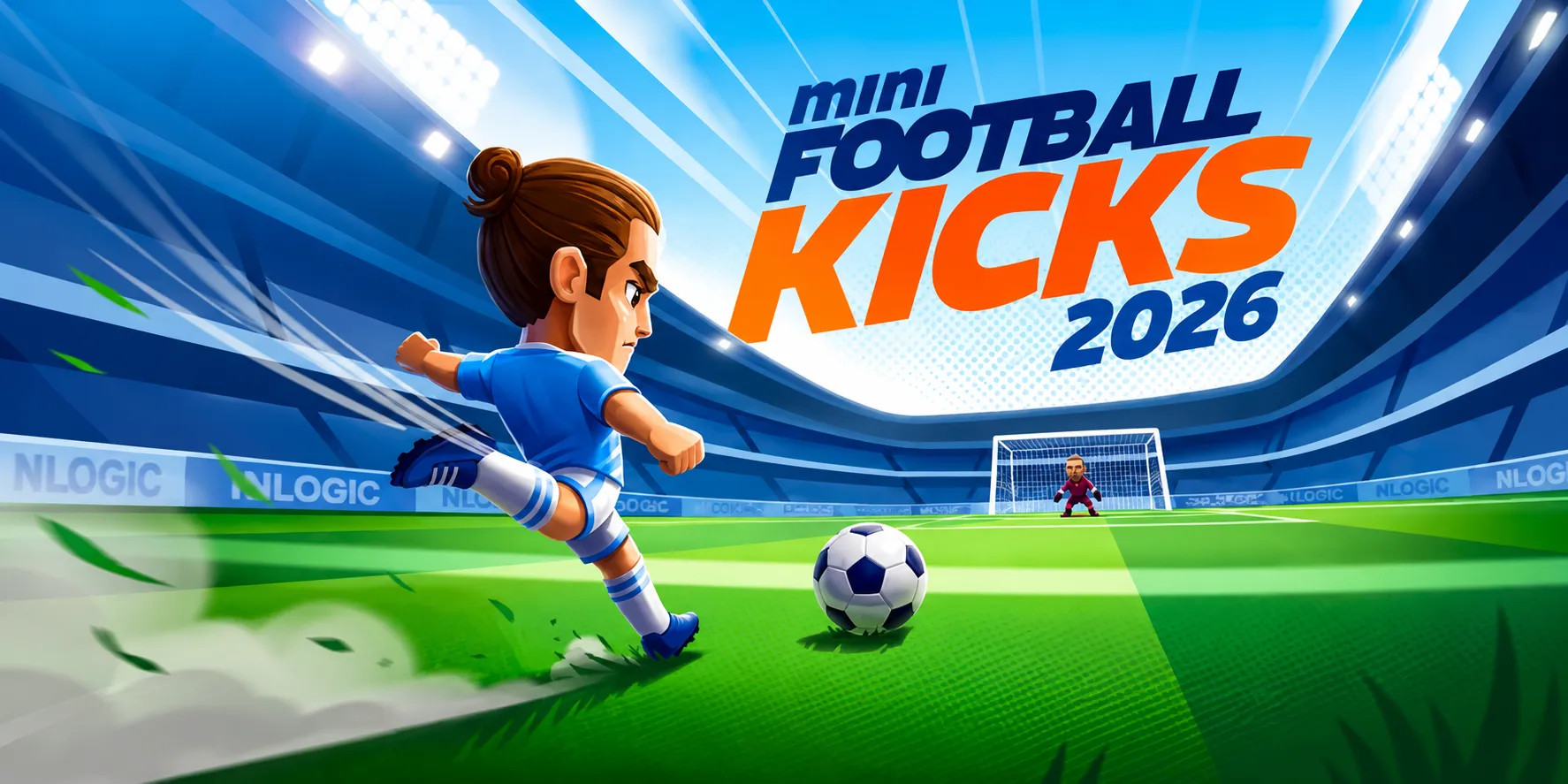 Cartoon soccer player in blue jersey kicking a ball toward a goalie in a stadium with game title above.