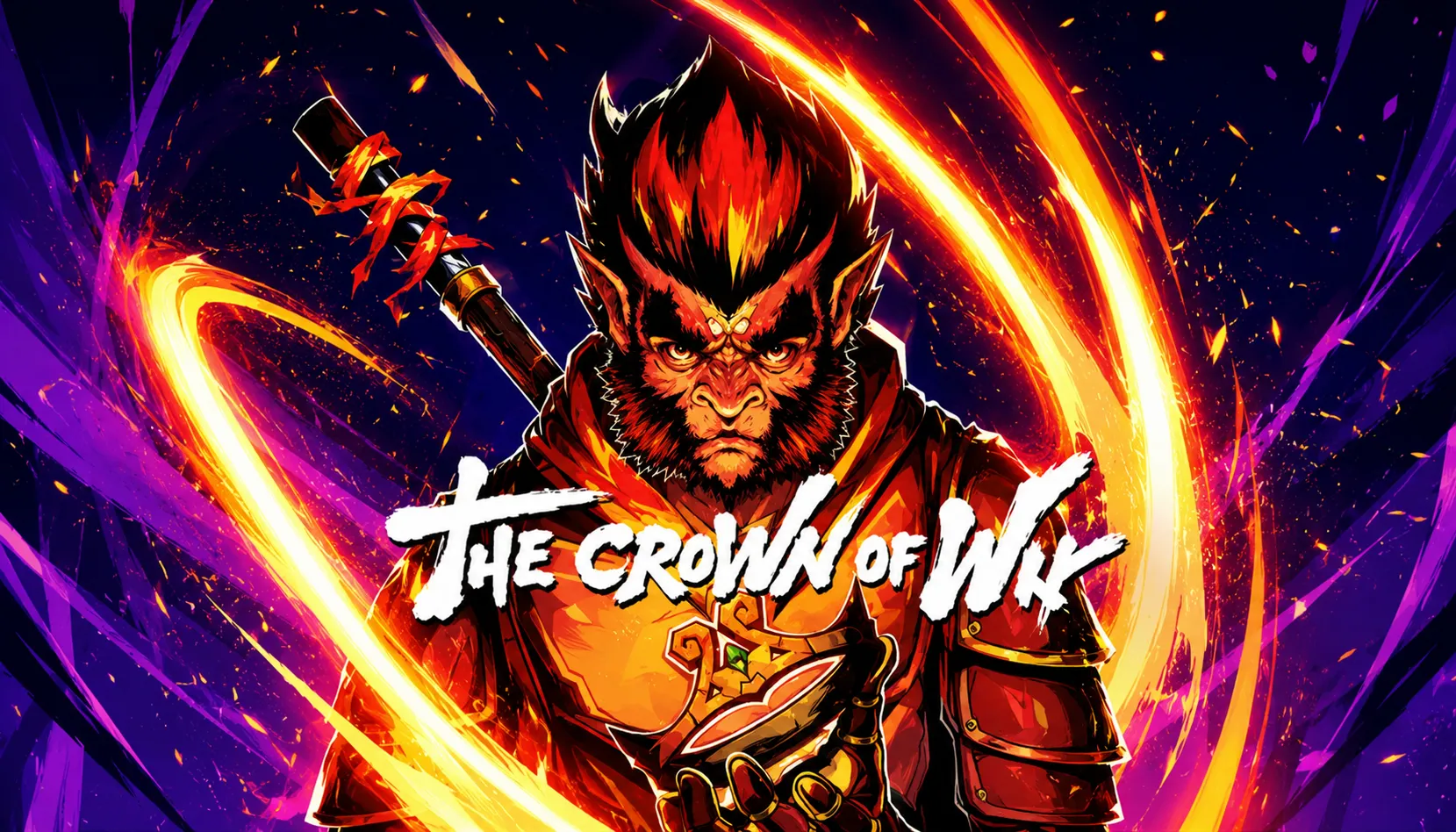 Fiery warrior monkey with intense eyes holding a glowing crown, text 'The Crown of WK' overlays image.