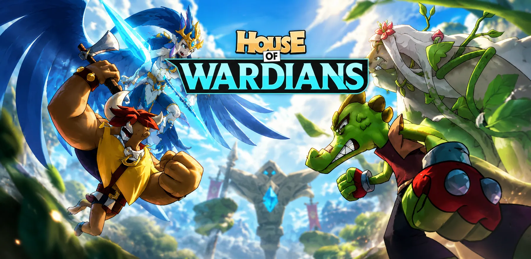 Fantasy battle scene with horned warrior, winged female knight, reptilian fighter, and tree creature near stone arch.