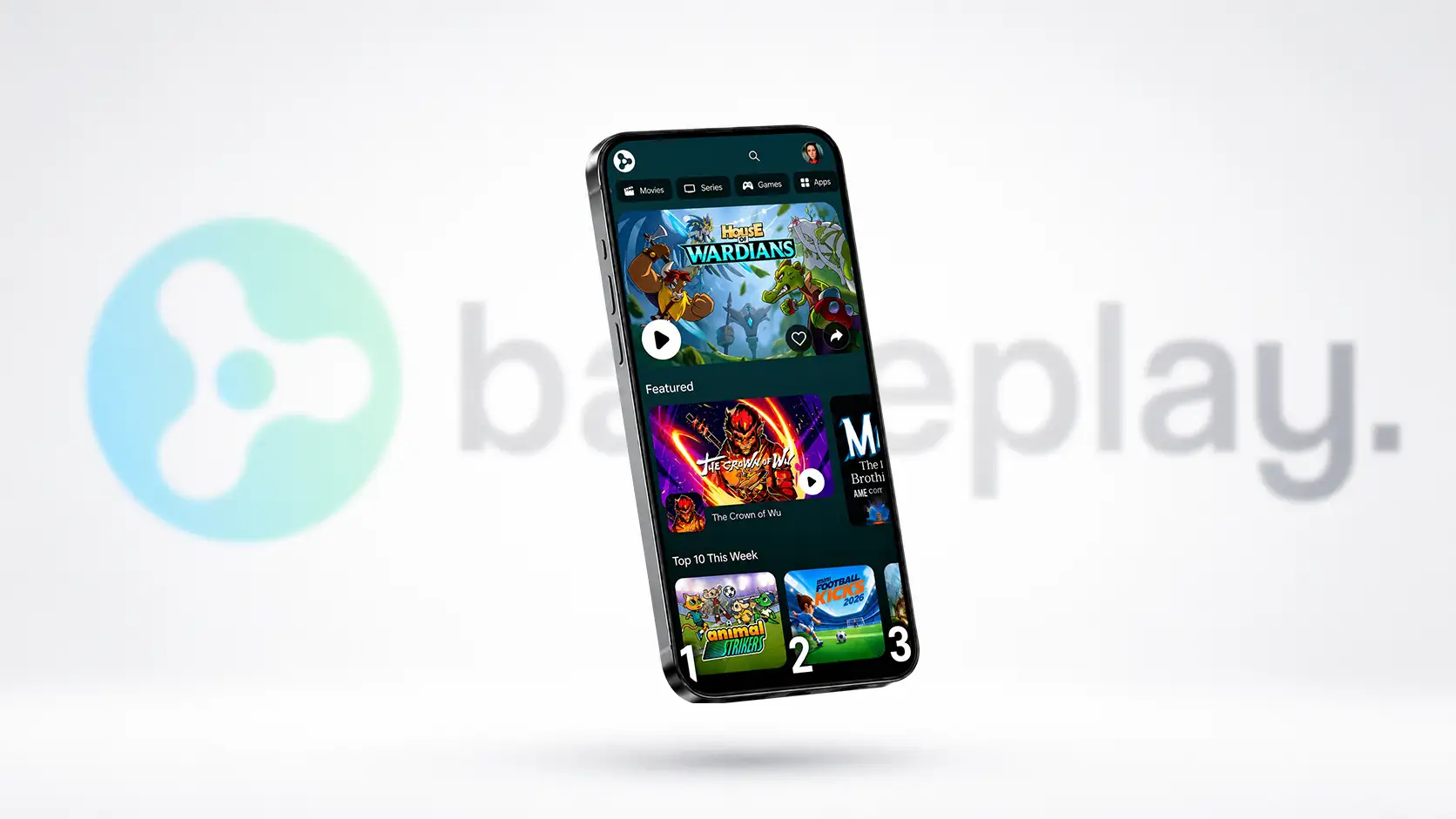 Smartphone screen showing a gaming app interface with featured and top games lists.