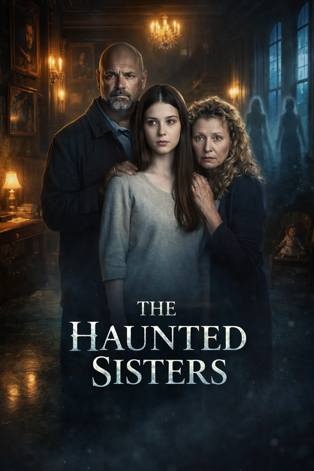 Three people stand closely together in a dim room with ghostly figures near a window behind them.