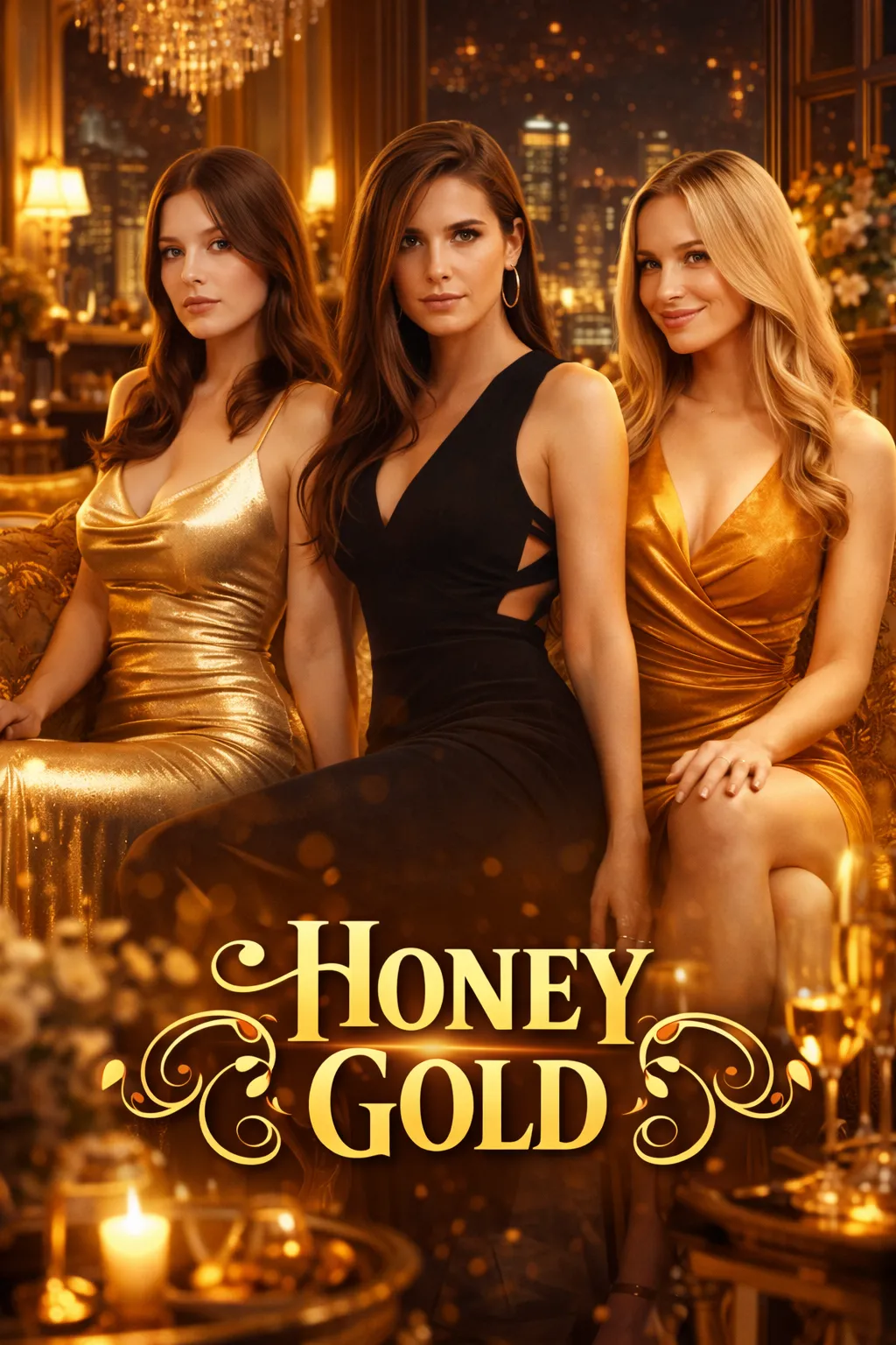 Three women in elegant gold and black dresses sitting in a luxurious, warmly lit room.