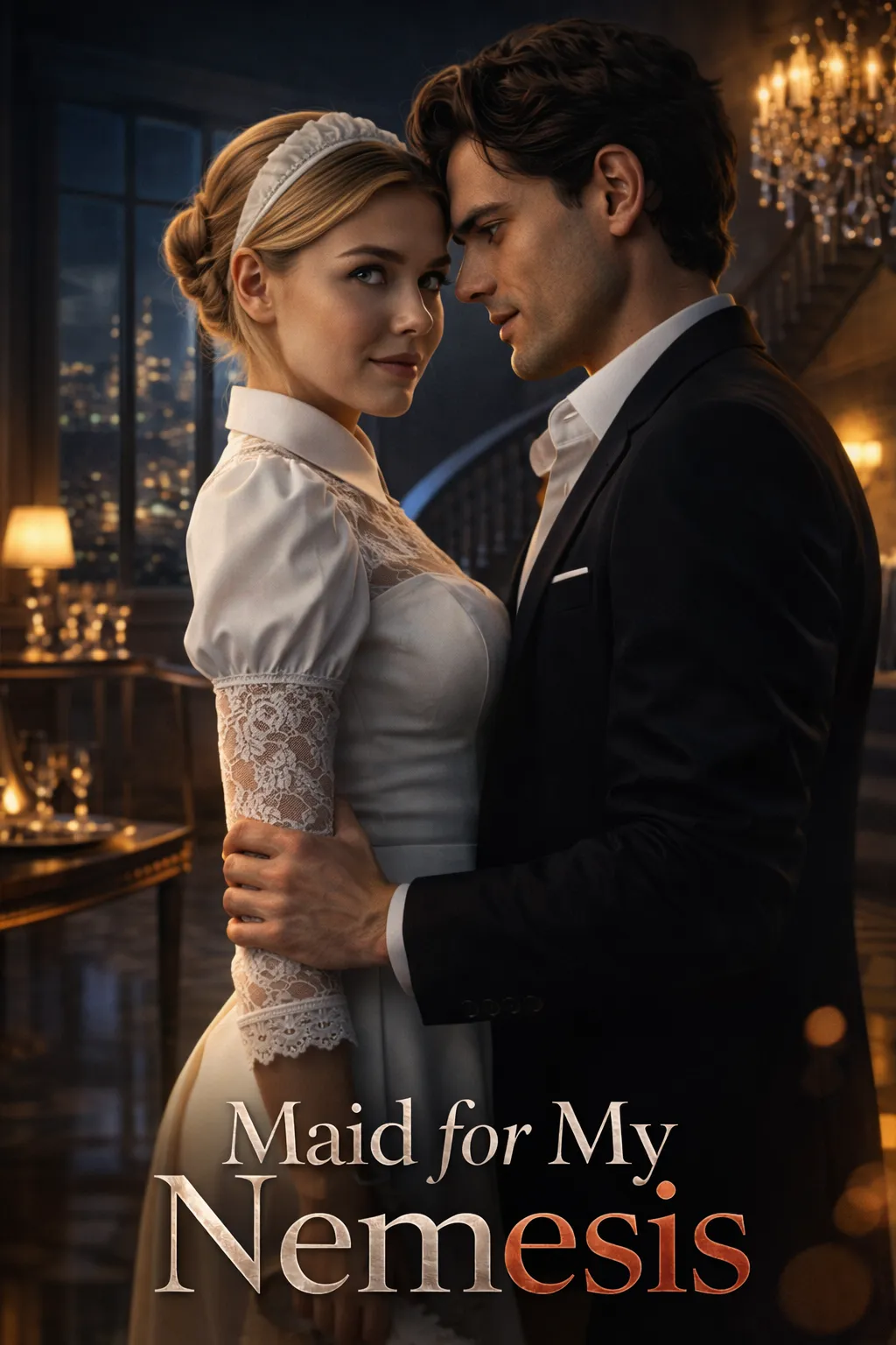 A man in a black suit embraces a woman in a white maid dress inside a dimly lit elegant room.