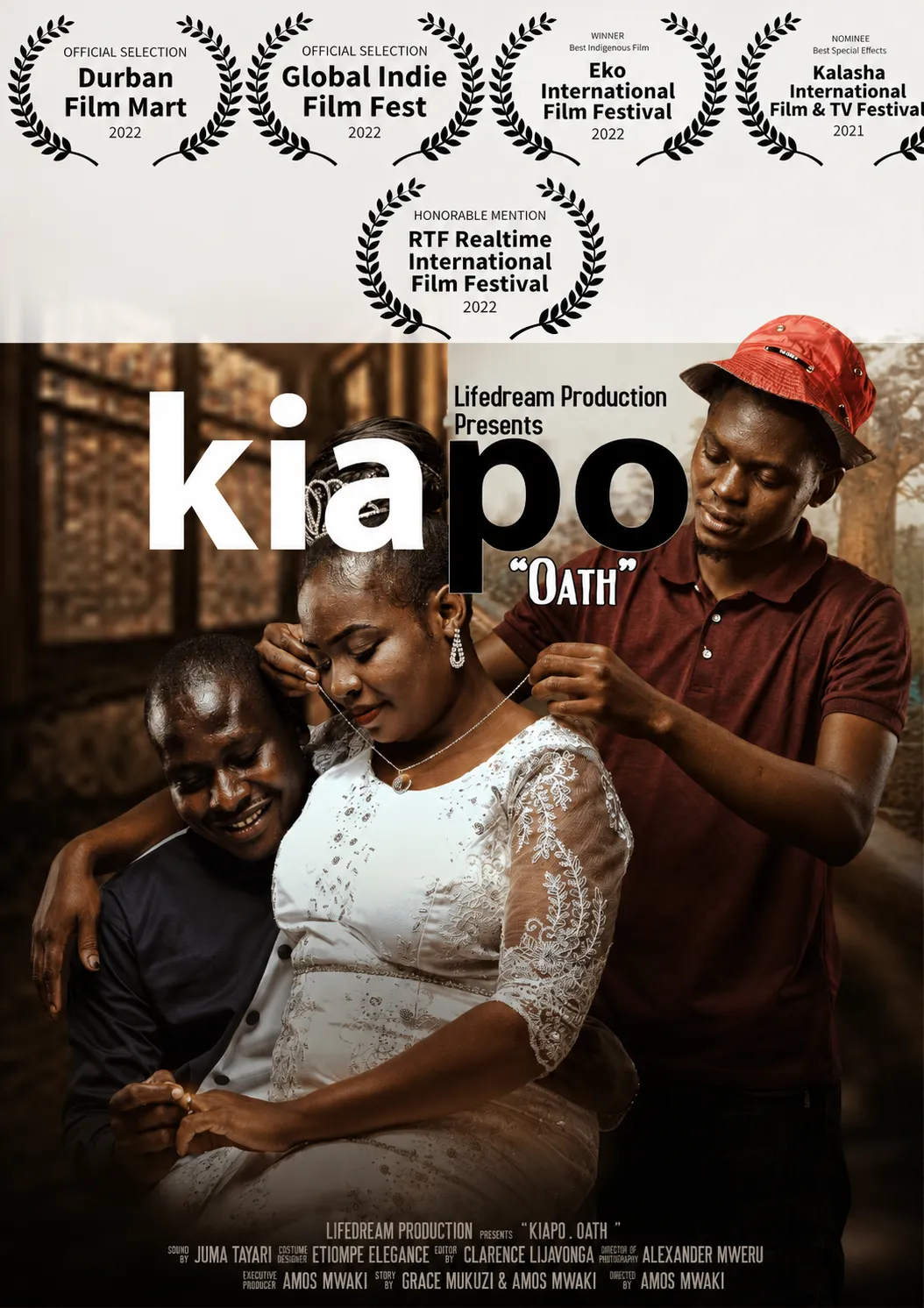 Movie poster for Kiapo Oath showing a woman in white necklace, a man holding her hand, another putting necklace on her.