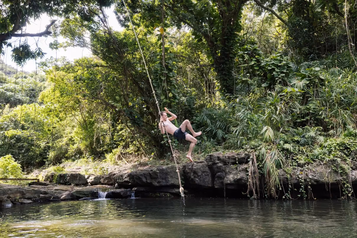 Guests kayaking on a calm Kauai river surrounded by tropical greenery.