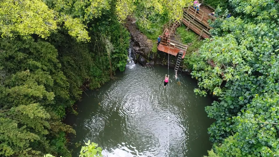 Guest ziplining over a natural swimming hole surrounded by lush greenery on Kauaʻi
