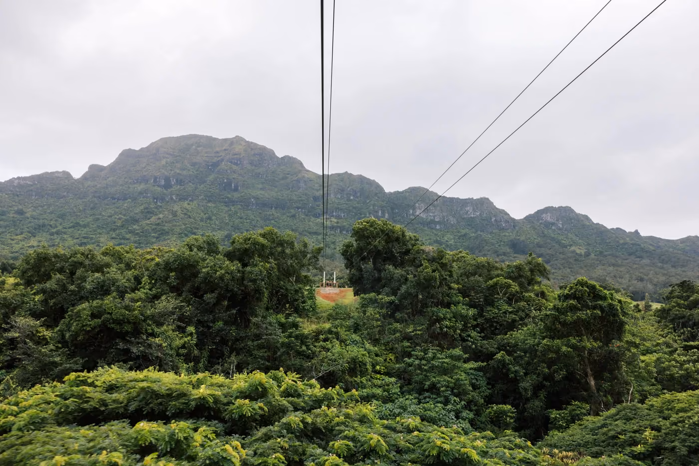 Zipline course platform suspended above Kauai rainforest with tour participants in background