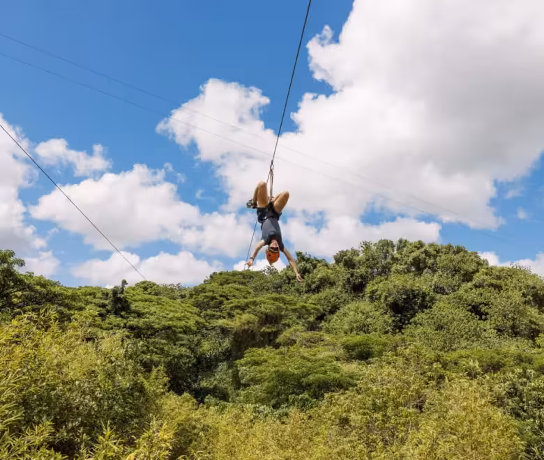 Guest ziplining against a blue sky over the treetops on the AdrenaLine zipline tour at Kīpū Ranch