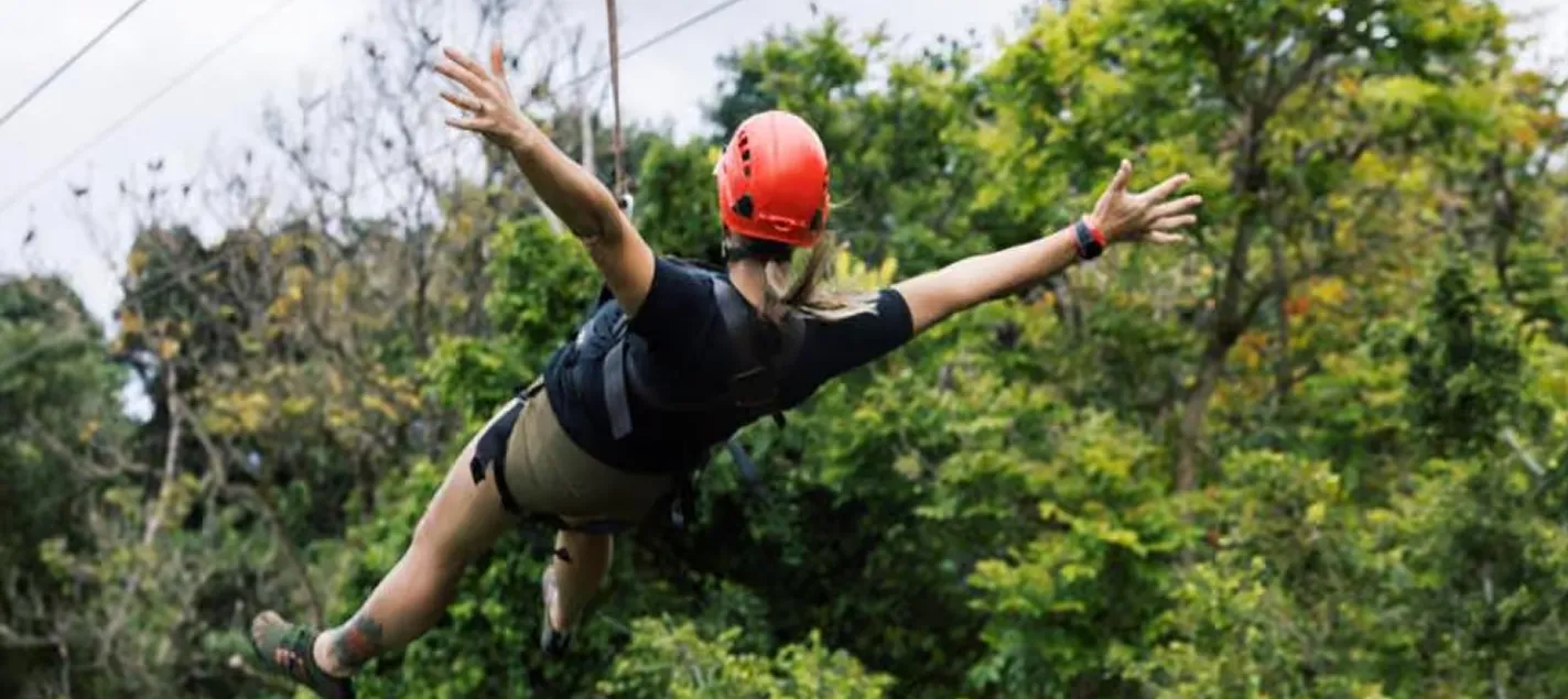 Guest ziplining with arms spread wide over the treetops at Kīpū Ranch