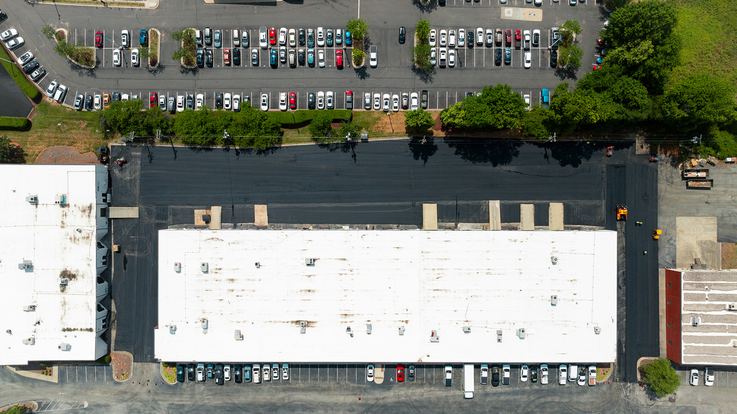 Drone photo of freshly milled parking lot ready for asphalt overlay at Wendover Business Park, Greensboro NC