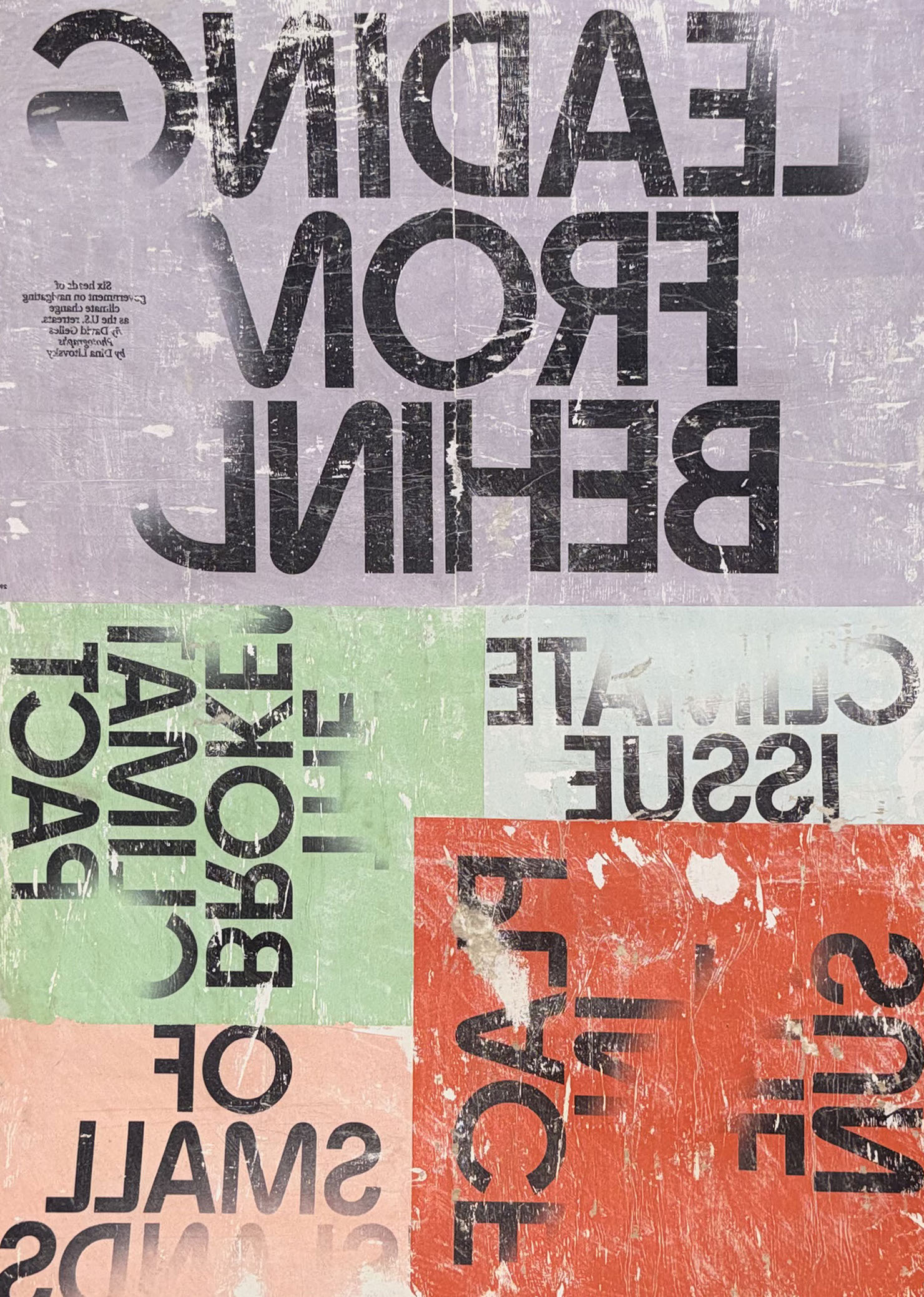Text blocks with phrases like Leading From Behind, Climate Issue, and Small Of Broke Impact on worn textured background.