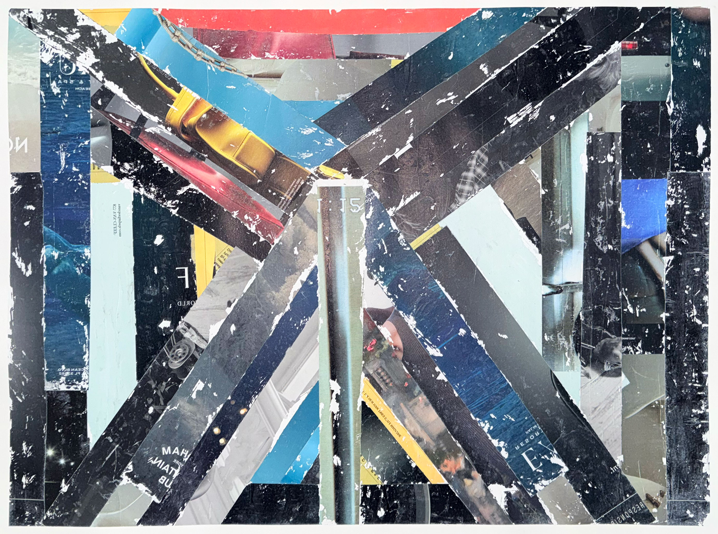 Abstract collage of torn magazine strips arranged in overlapping geometric cross pattern.