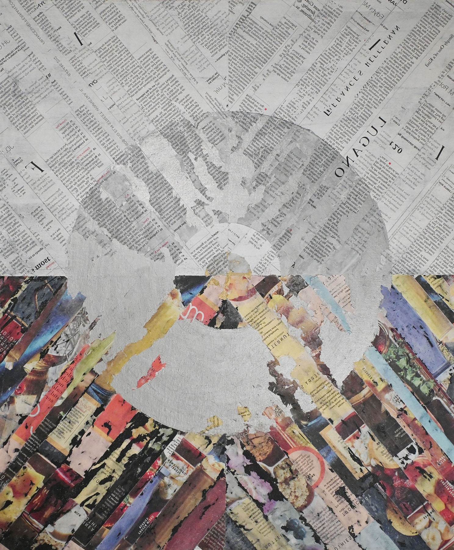 Collage with a handprint in silver paint on newspaper and magazine strips background.