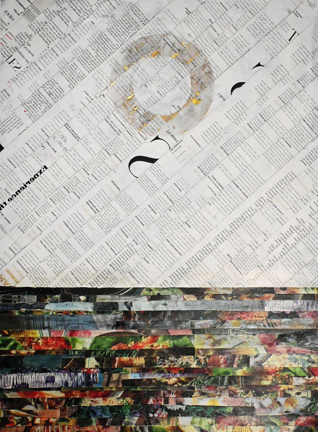 Collage artwork made of cut paper strips in two sections: top with text, bottom with colorful images.