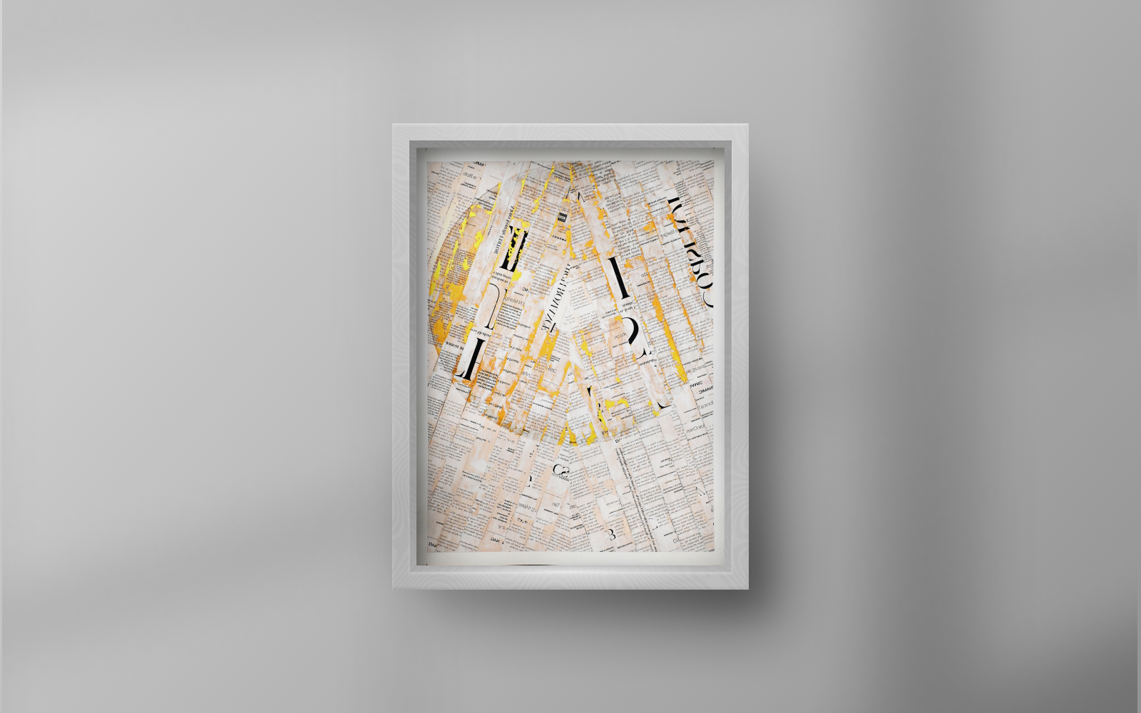 White frame with layered torn book pages arranged in a circular pattern with yellow paint accents.