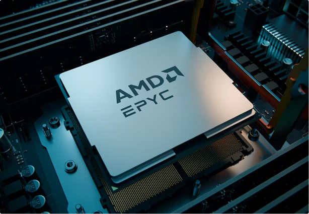 Processador AMD EPYC instalado no soquete de uma placa de servidor