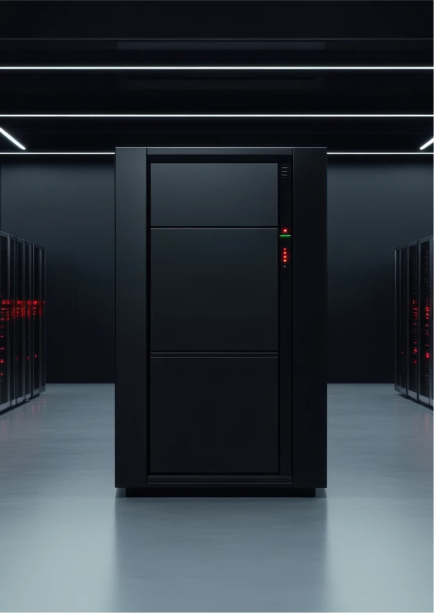 Rack fechado no centro de um corredor de data center, com fileiras de servidores nos dois lados