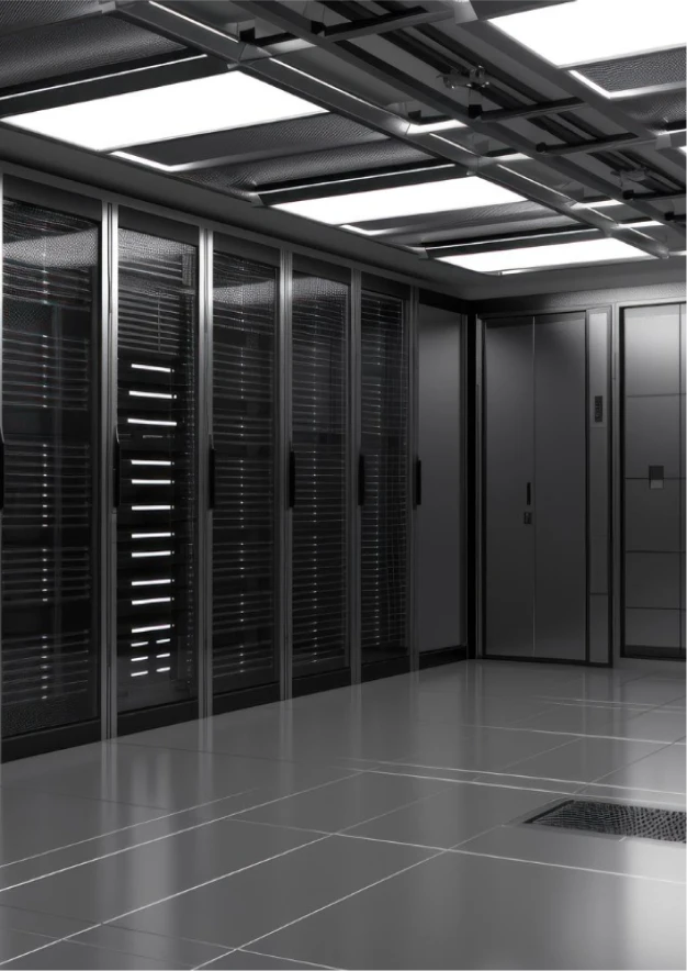 Sala de data center com racks fechados, painel de acesso e piso elevado com grelha