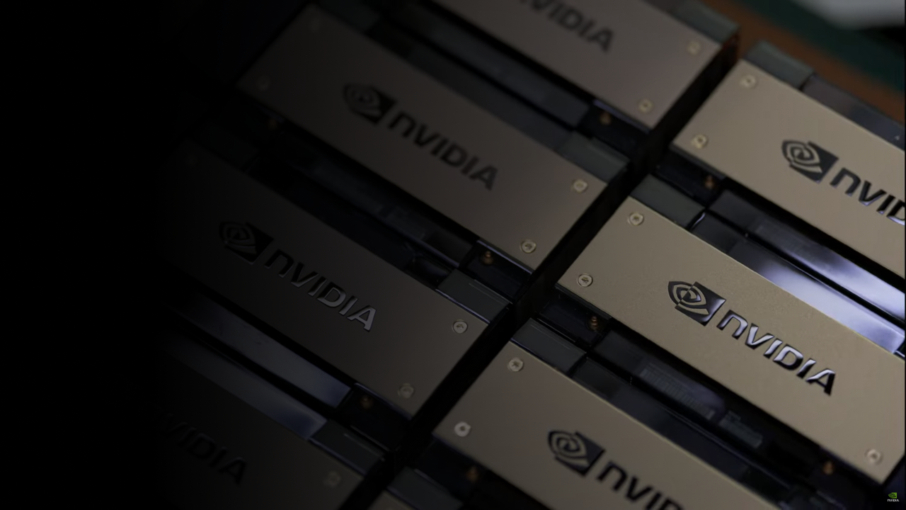 Placas aceleradoras NVIDIA empilhadas lado a lado, com a marca gravada na carcaca