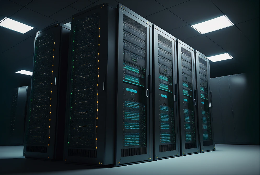 Fileiras de racks de servidores em sala iluminada de data center
