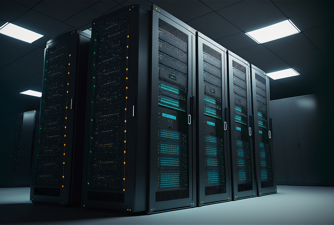 Fileiras de racks de servidores em sala iluminada de data center