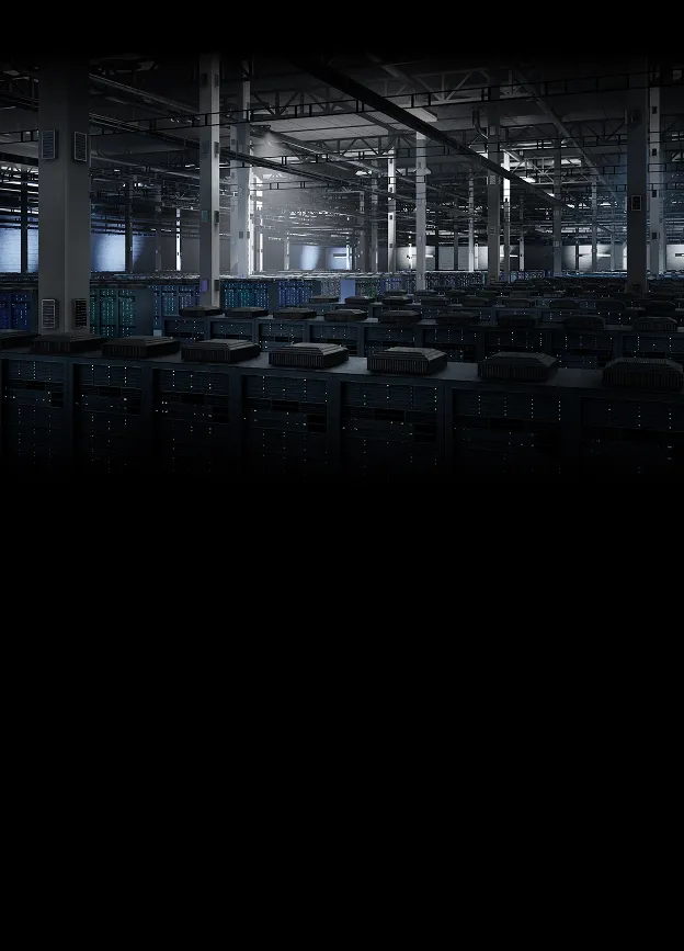 Salao de data center com dezenas de fileiras de servidores e storages