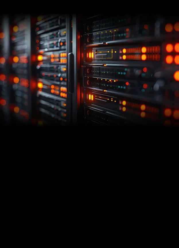 Racks de servidores em detalhe com LEDs de status acesos no painel frontal