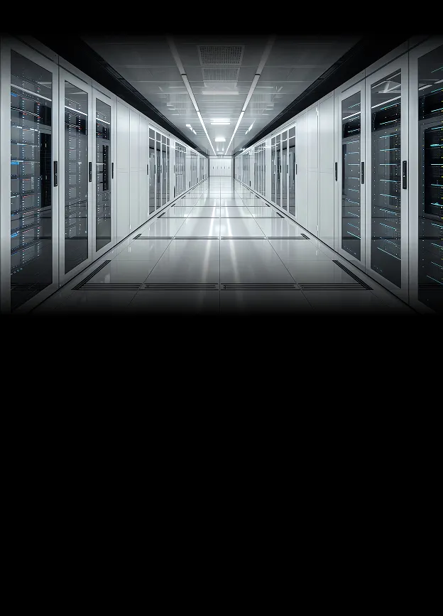 Corredor iluminado de data center com racks de portas de vidro dos dois lados