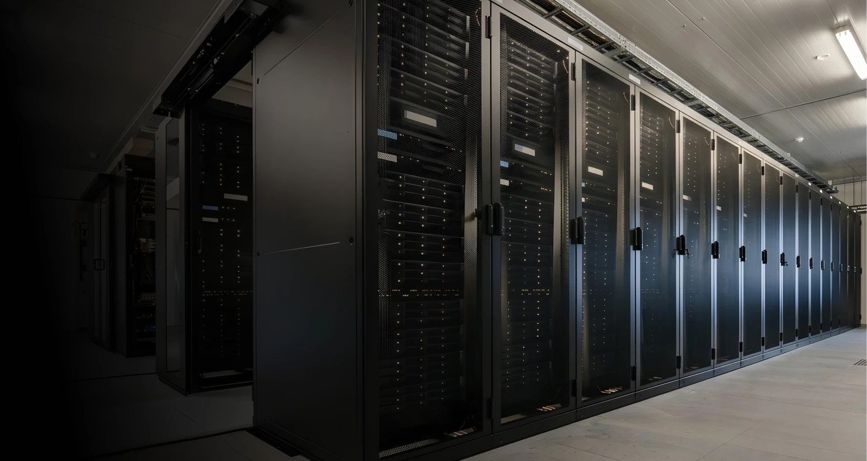 Fileira de racks pretos fechados em sala de data center, com um rack aberto na ponta