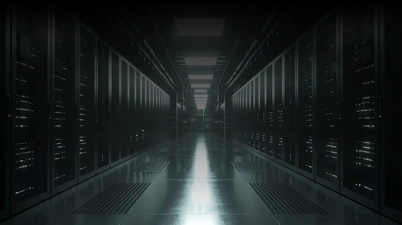 Corredor escuro de data center com duas fileiras de racks e luzes de status acesas