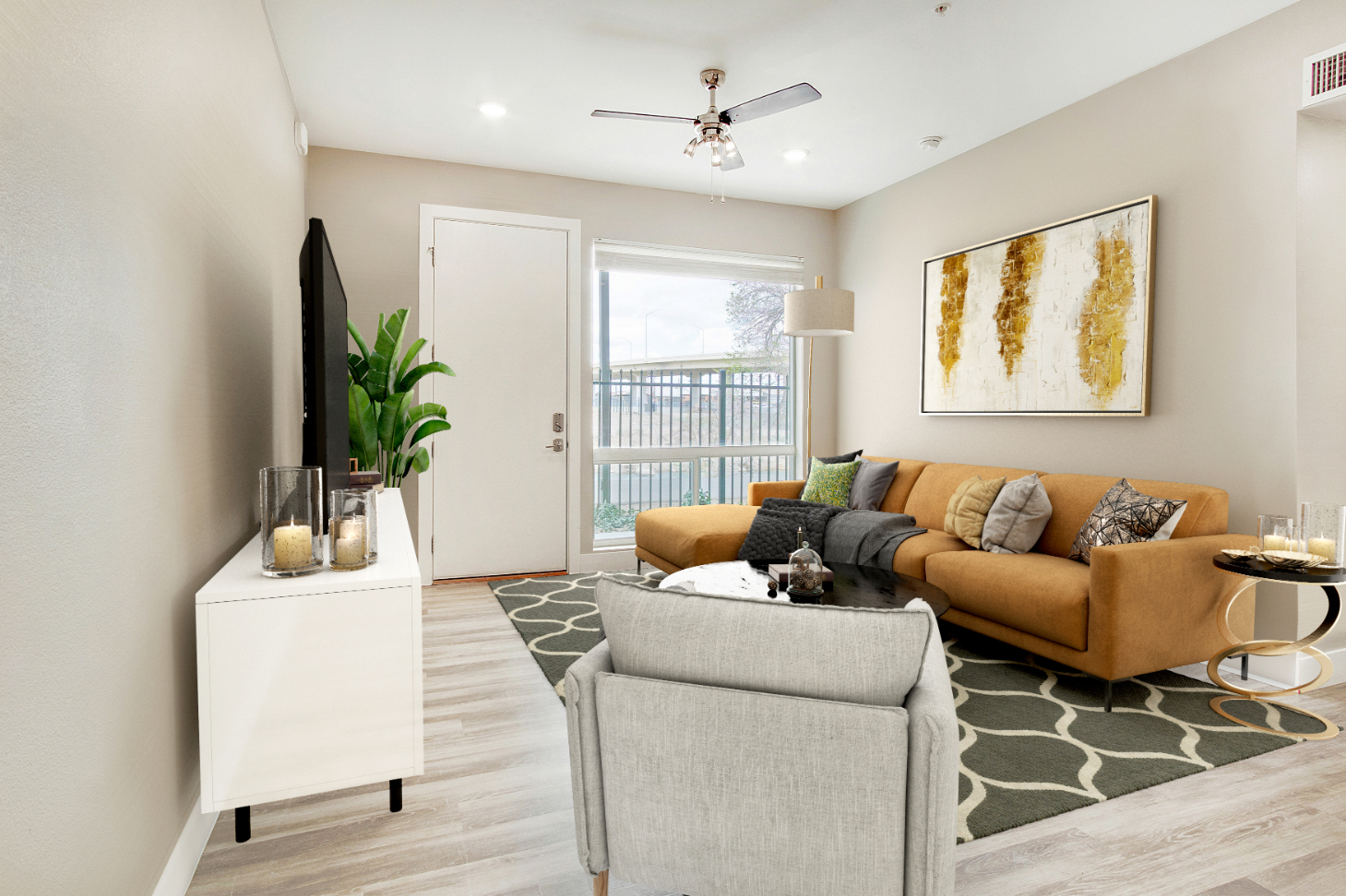 Living room with tv, coffee table, and sofa rendering