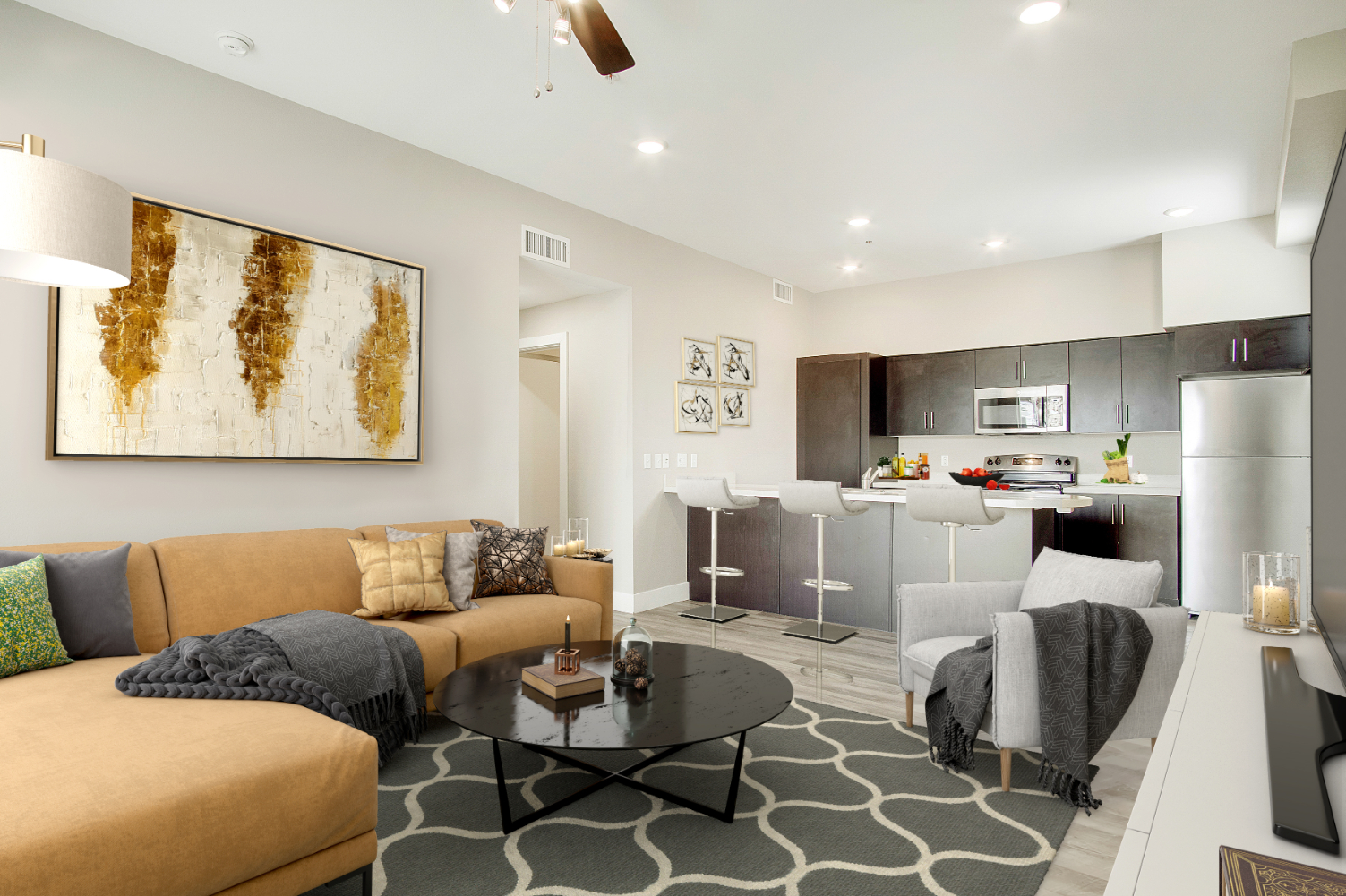 Living room with tv, coffee table, and sofa rendering