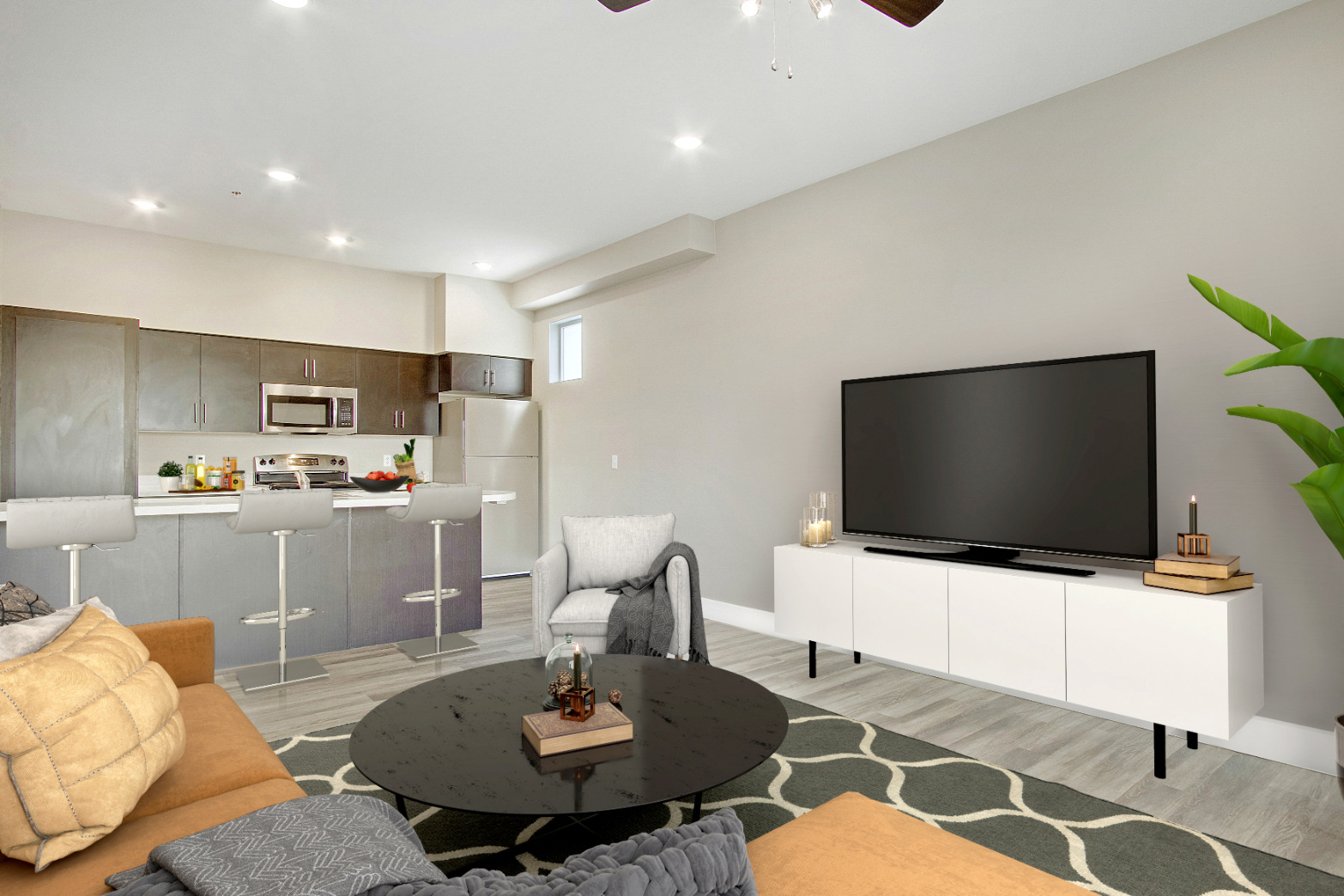 Living room with tv, coffee table, and sofa rendering