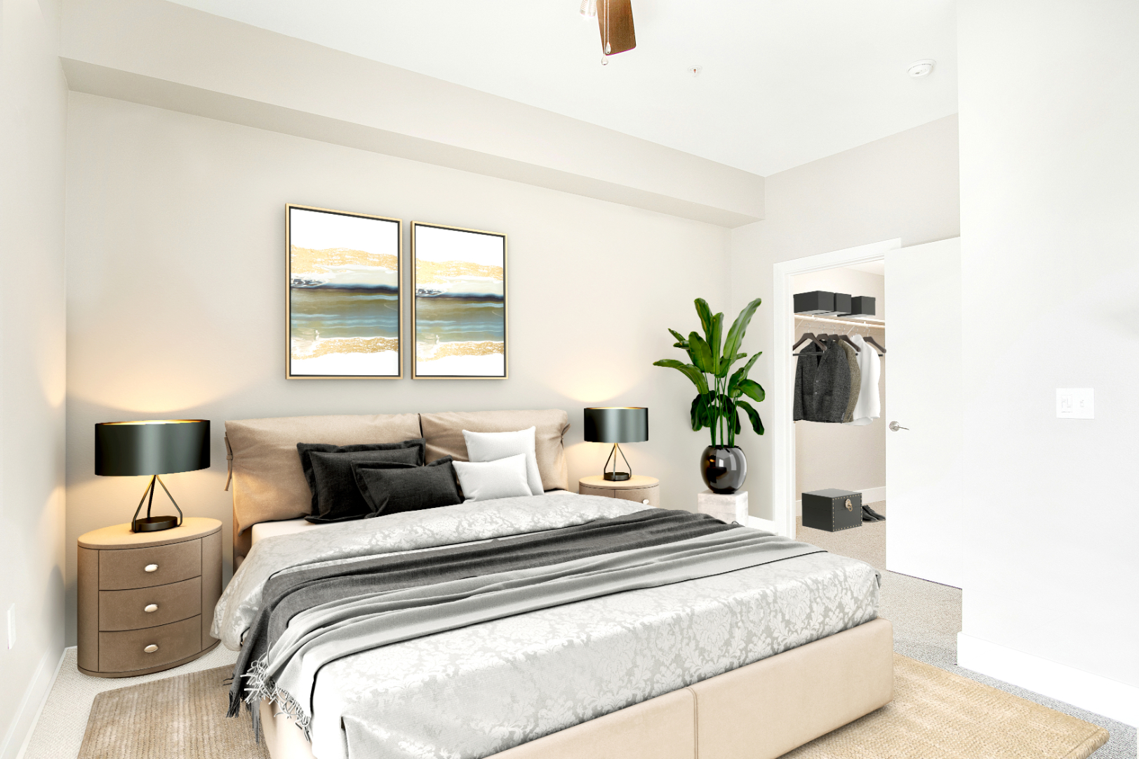 Bedroom with bed and large window rendering