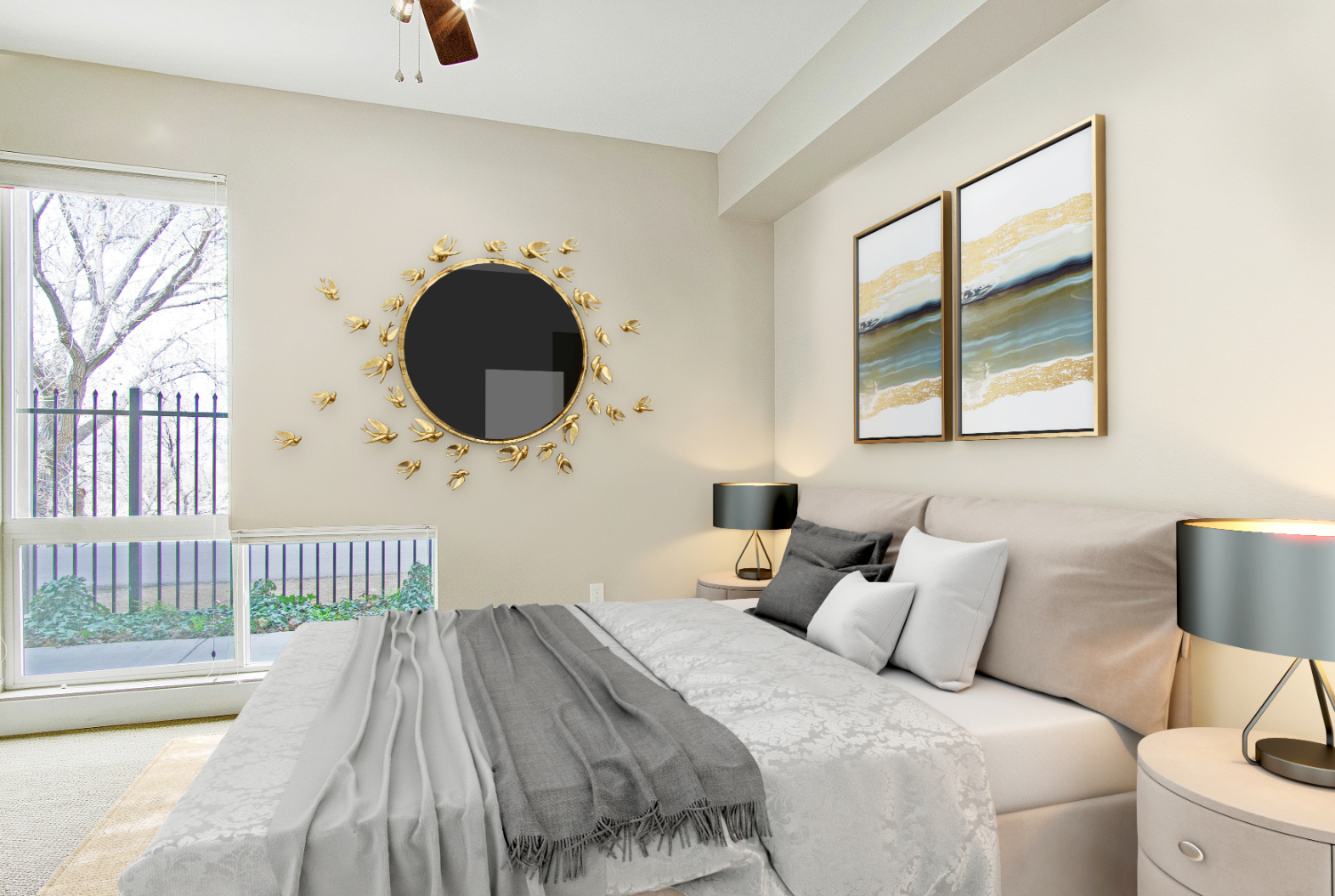 Bedroom with bed and large window rendering