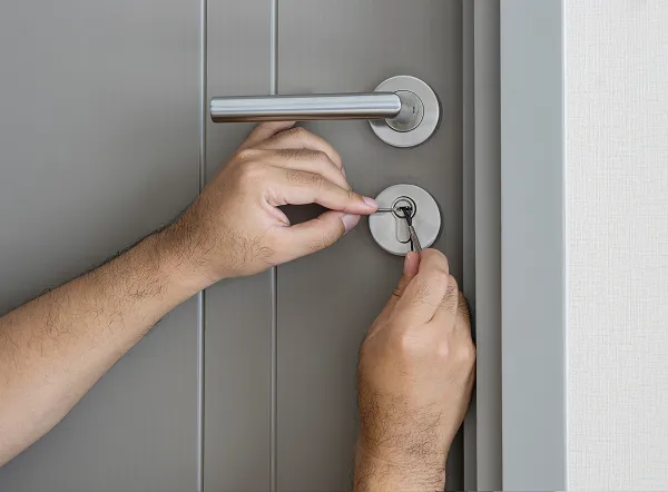 Hands picking a lock on a gray door with a silver handle using lockpicking tools.