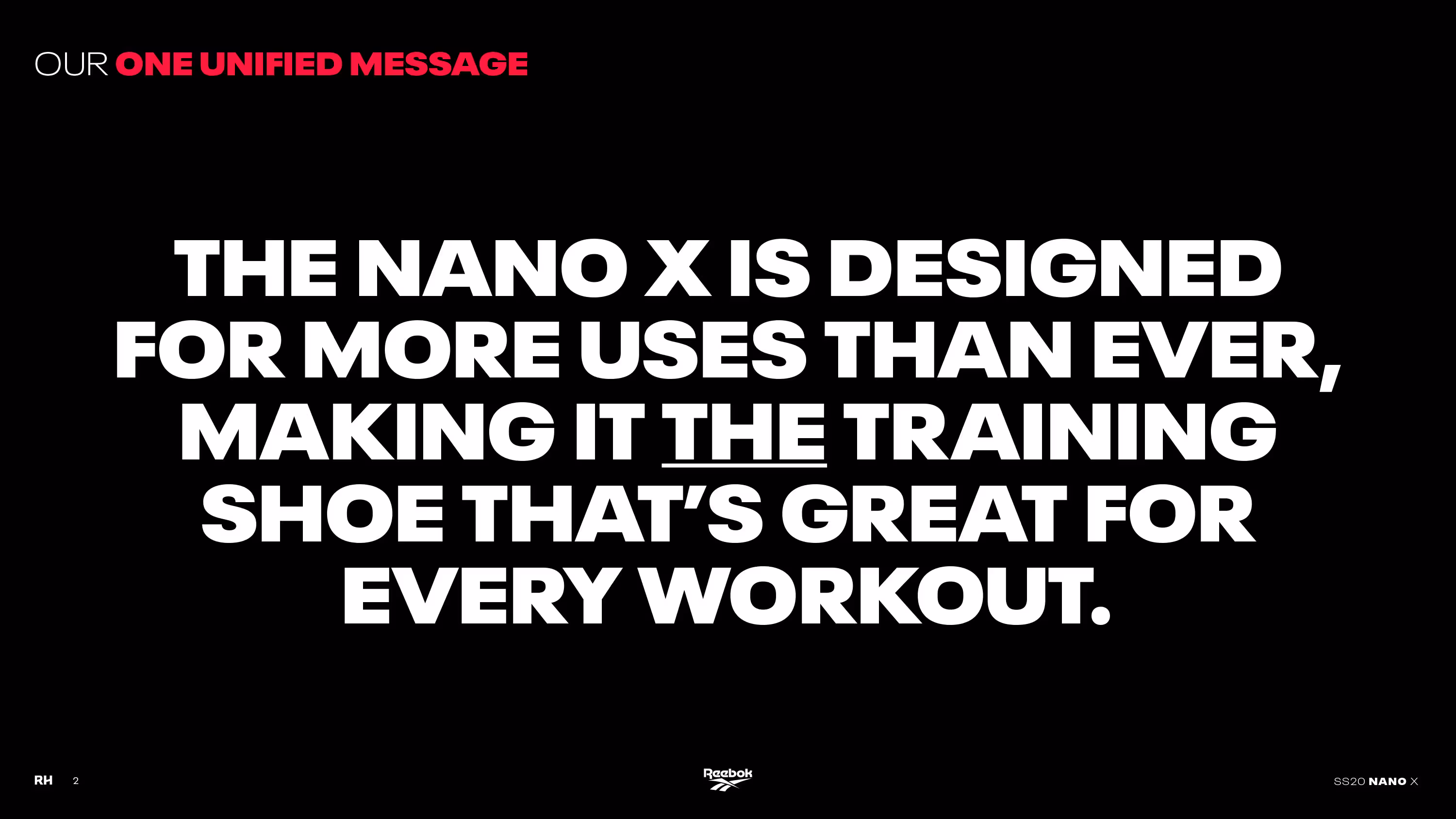 Reebok Nano X campaign north star statement: 'The Nano X is designed for more uses than ever, making it THE training shoe that's great for every workout.'