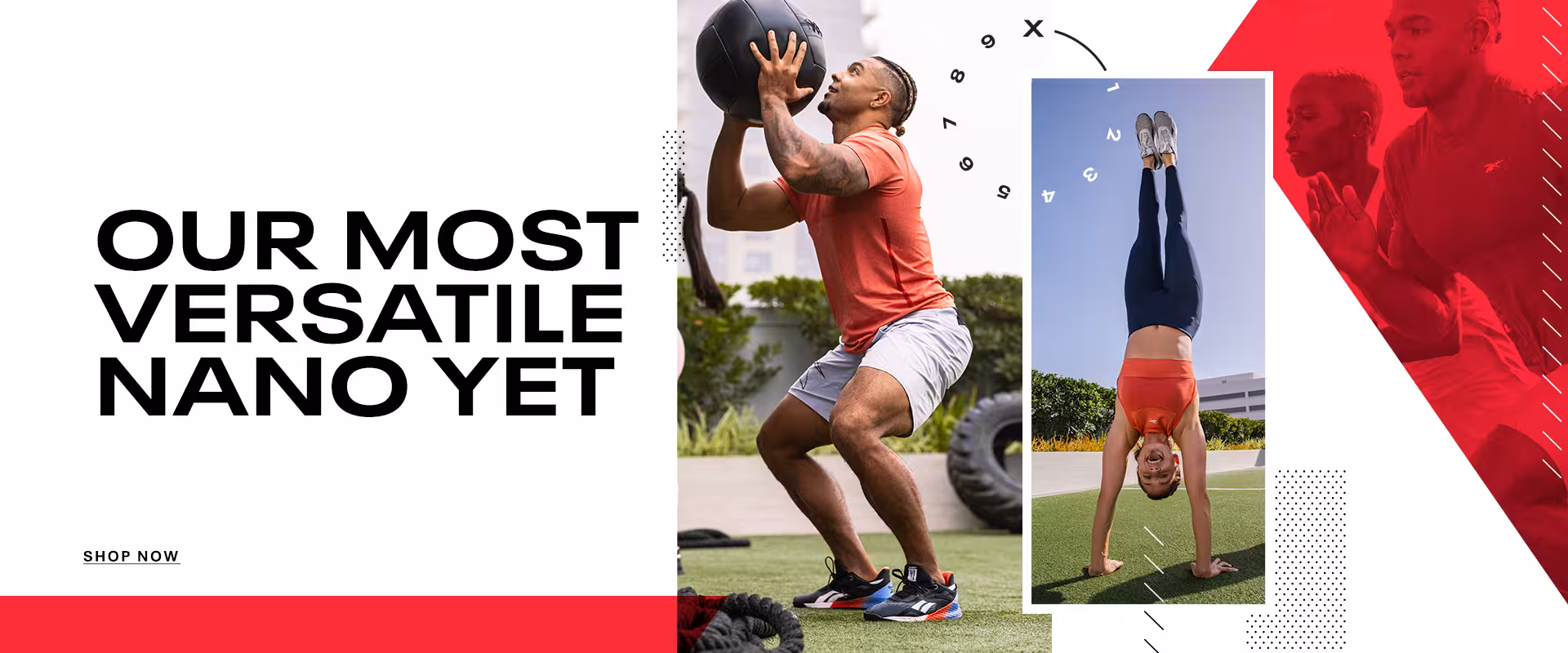 Reebok Nano X homepage launch banner: "Our Most Versatile Nano Yet" with a male athlete catching a medicine ball and a female athlete in a handstand.
